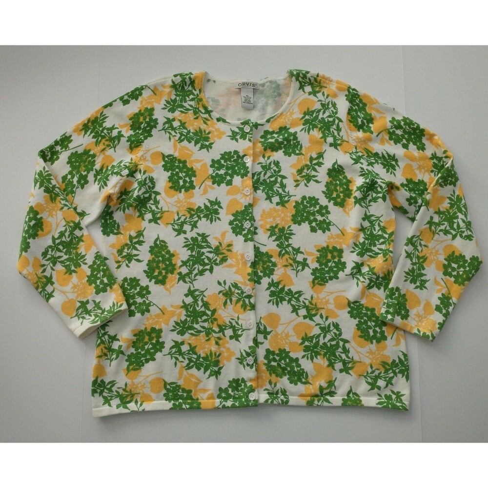 Orvis Cardigan Sweater Womens Sz XL Button Up Old Money Floral Leaves (121)